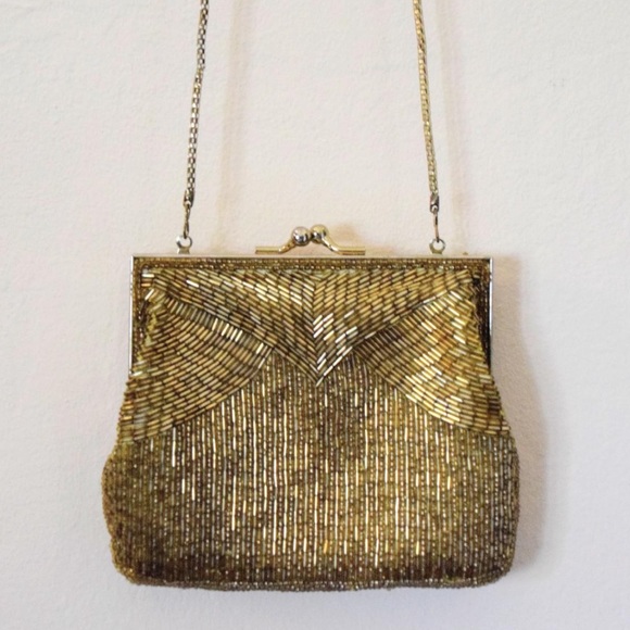 Vintage Gold Beaded Evening Bag Clutch Purse - Picture 1 of 4